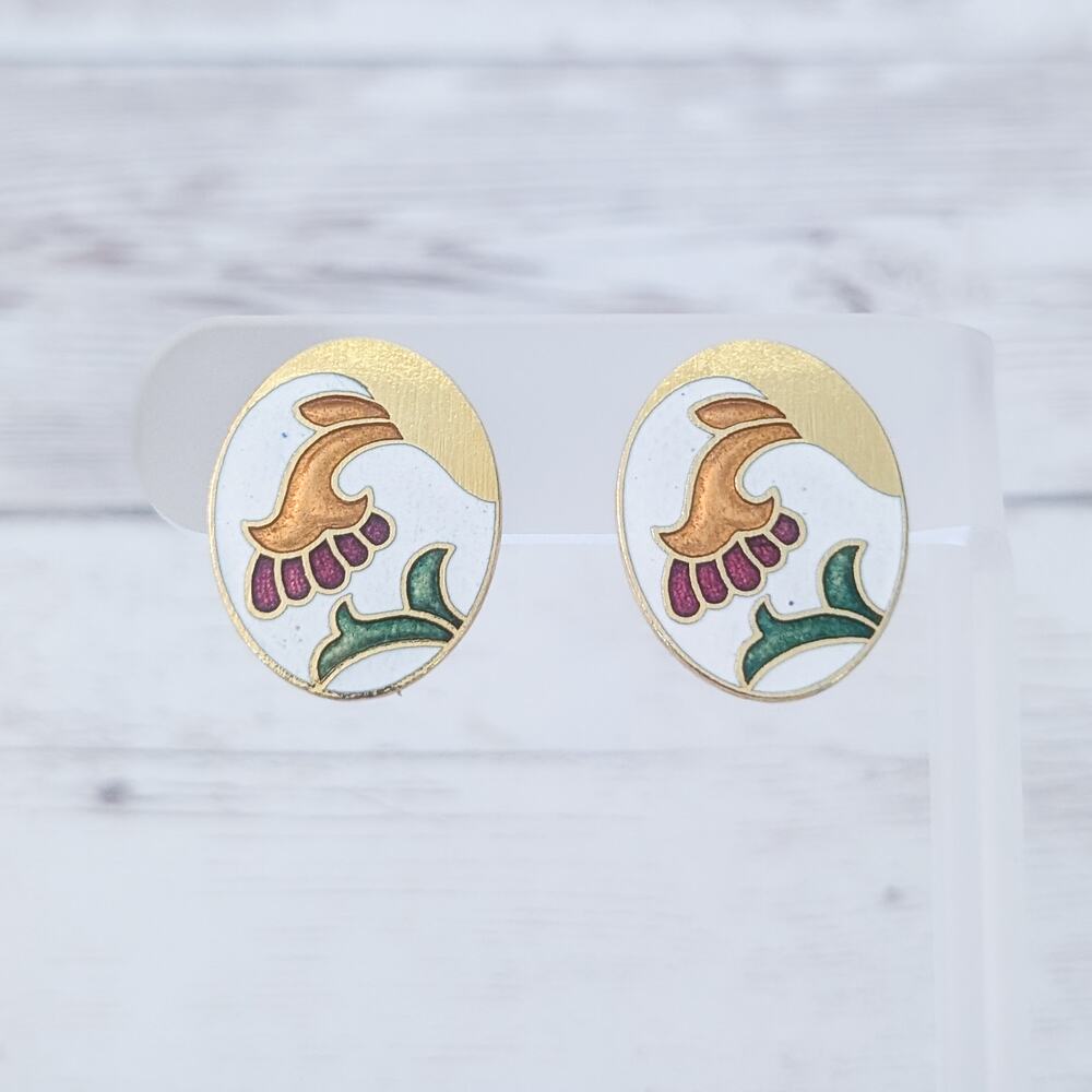 Vintage Clip On Earrings Cloisonné Oval 1"